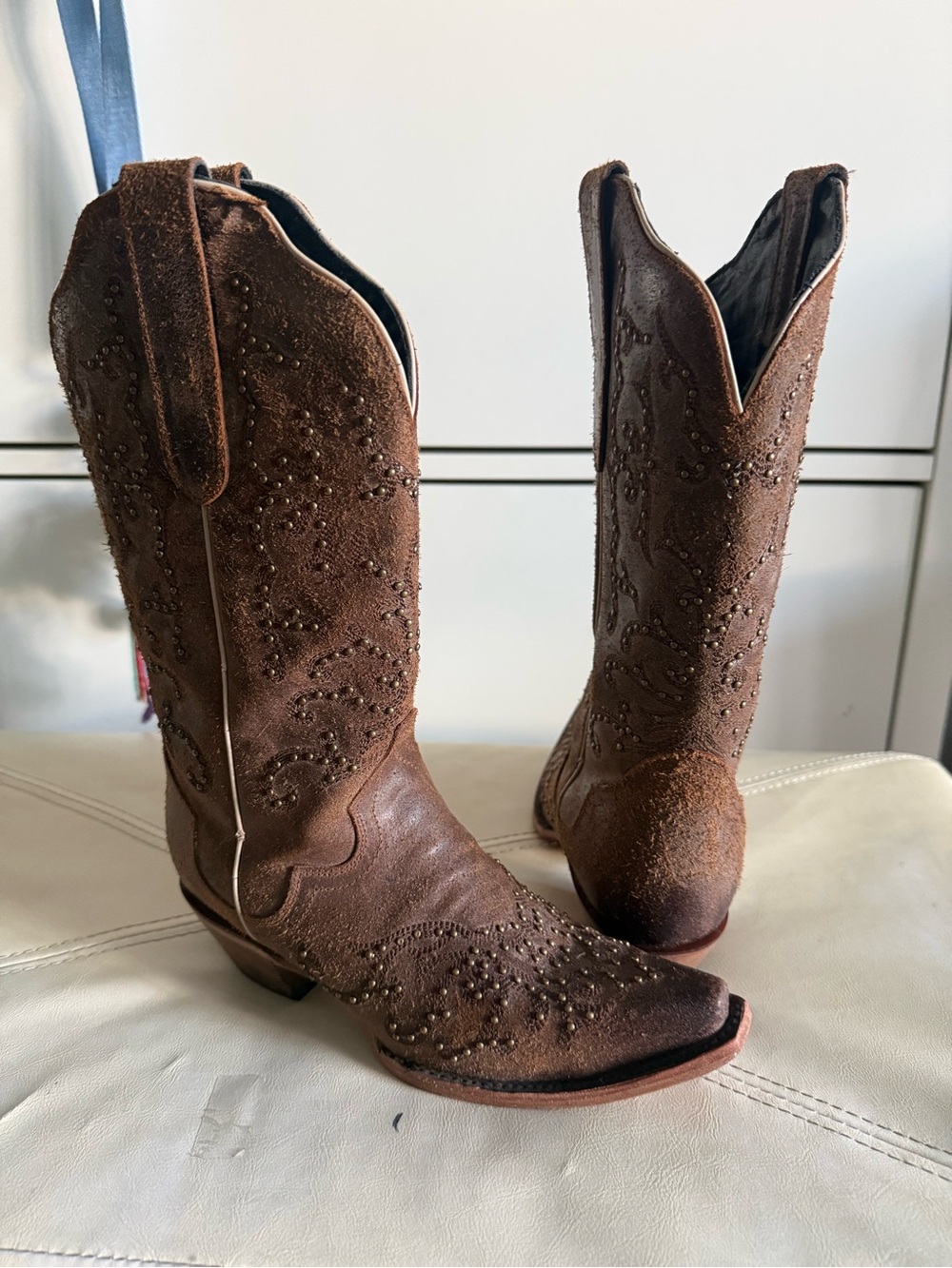 J.B. Dillon Brown Studded Suede Lace-Up Cowboy Boots